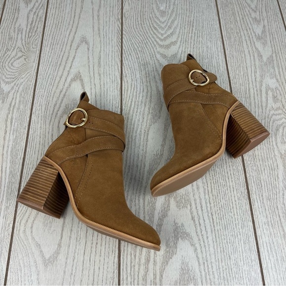 See by Chloé Suede Buckle Ankle Booties 37.5 Tobacco (Tan) & Goldtone Metal $525 - Picture 4 of 9
